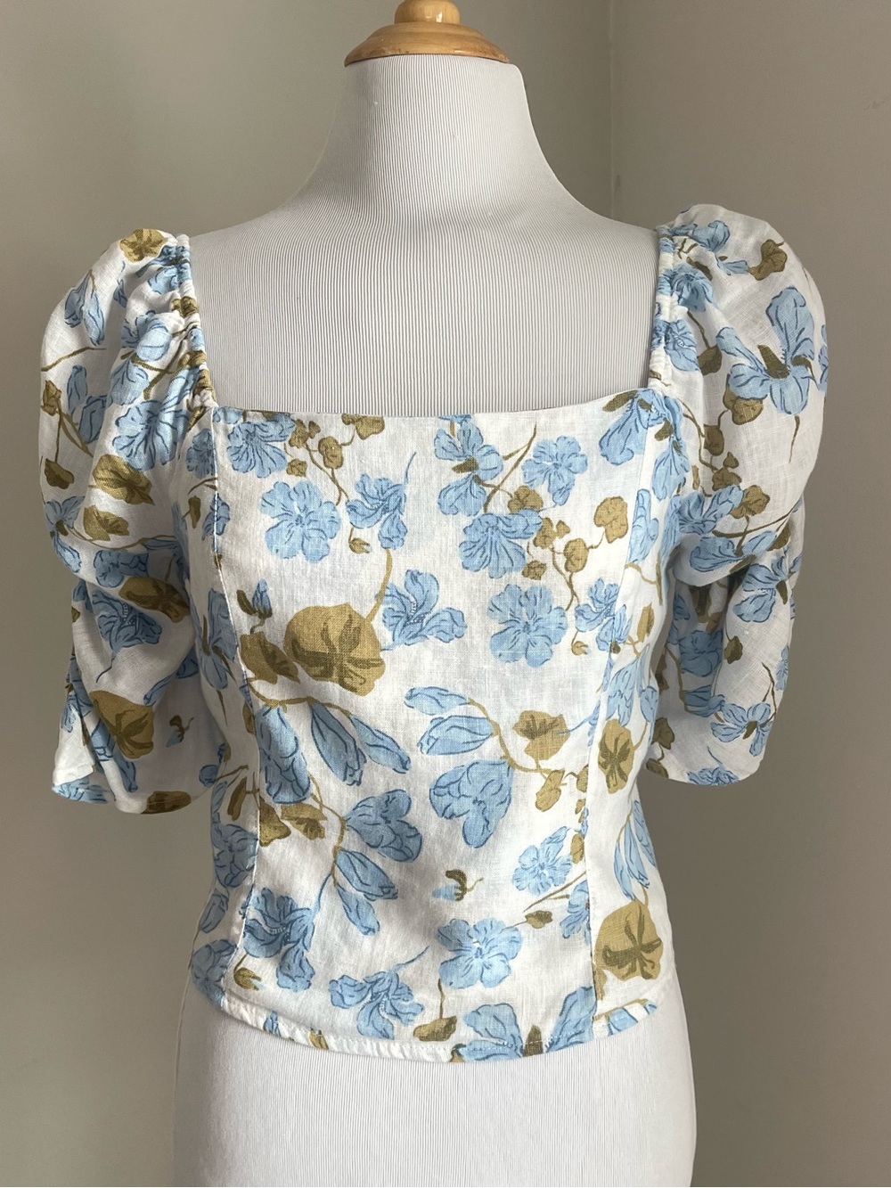 Joie Linen Floral Square Neck Puff Sleeve Top - Blue/Olive
